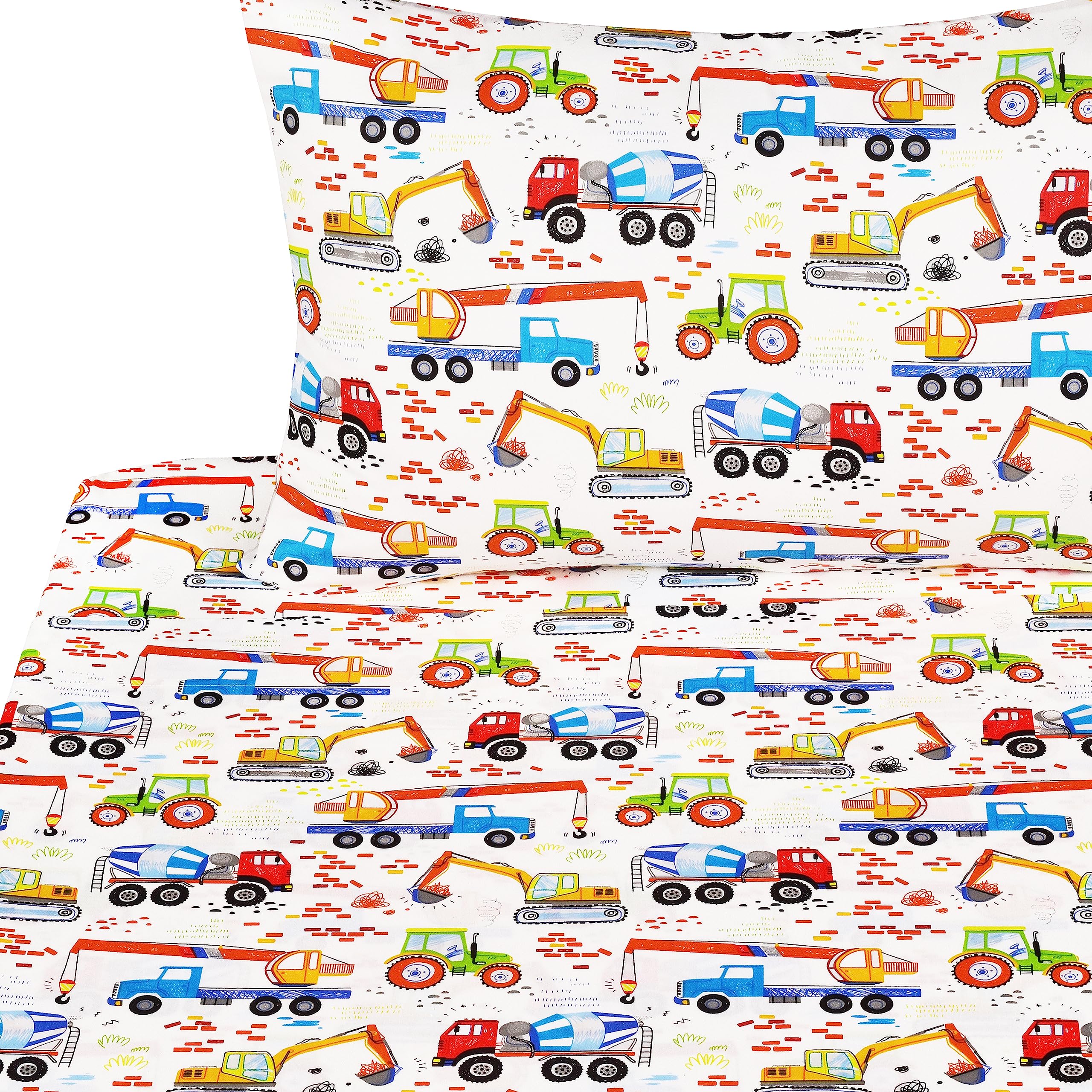 Photo 1 of J-pinno Building Machine Excavator Concrete Mixer Tracor Crane Cars Twin Sheet Set for Kids Girls Boys Children,100% Cotton, Flat Sheet + Fitted Sheet + Pillowcase Bedding Decoration Gift Set