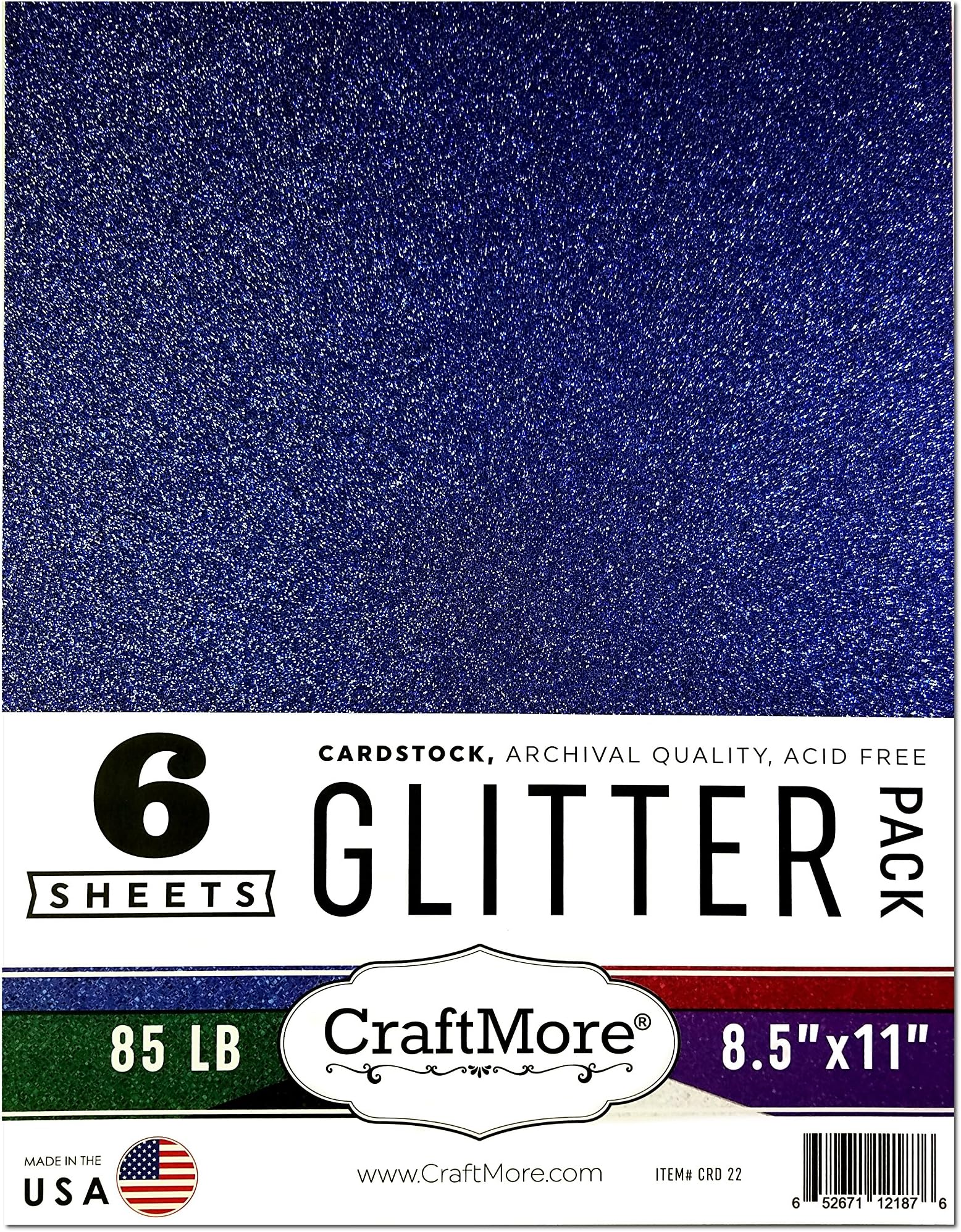 CraftMore Assorted Glitter Card Stock Essential Pack, 8.5 by 11 Inches, 6 Sheets
