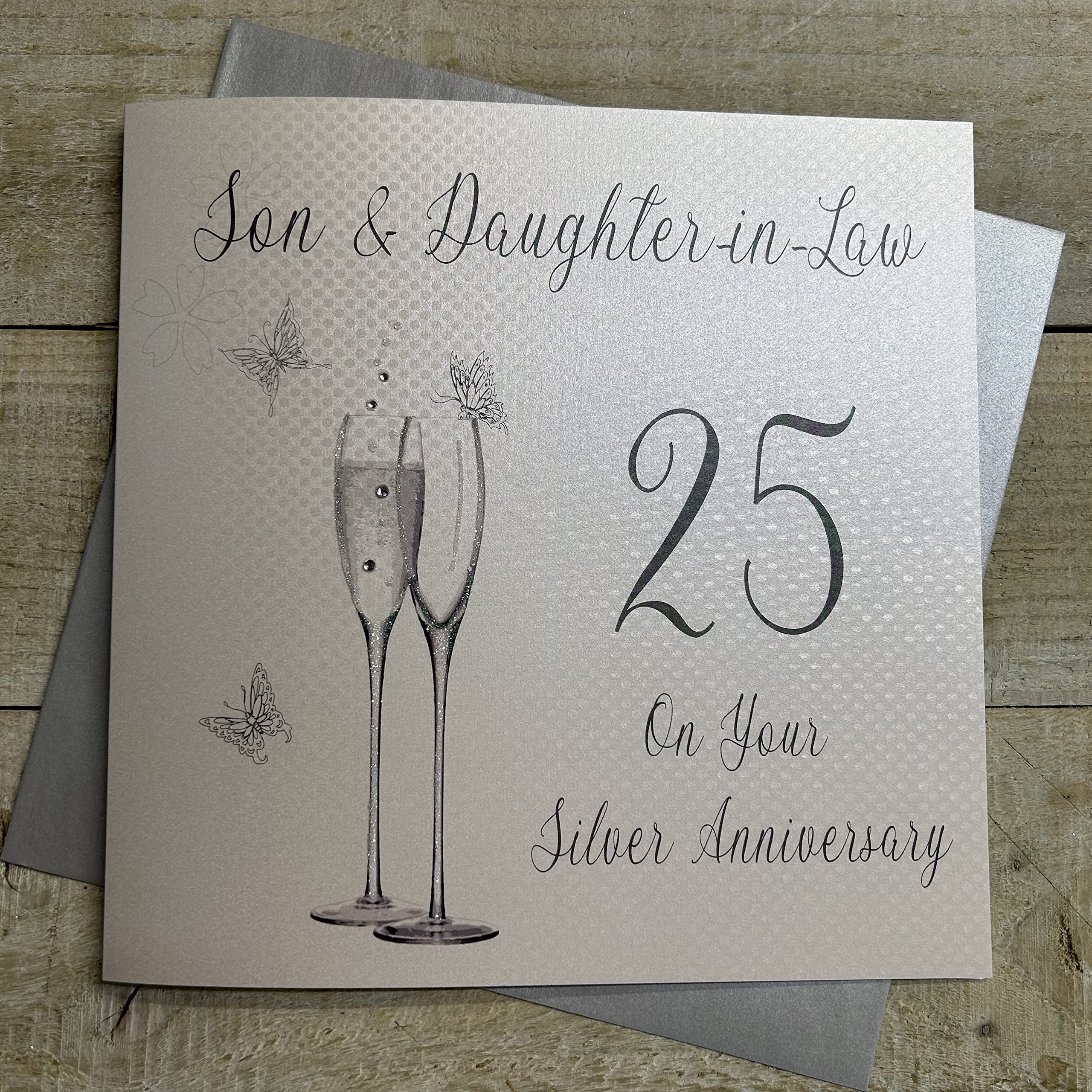 white cotton cards XLBD19-25SD Large"Son & Daughter-in-Law 25 On Your Silver Anniversary" Handmade Card,22cm x 22cm