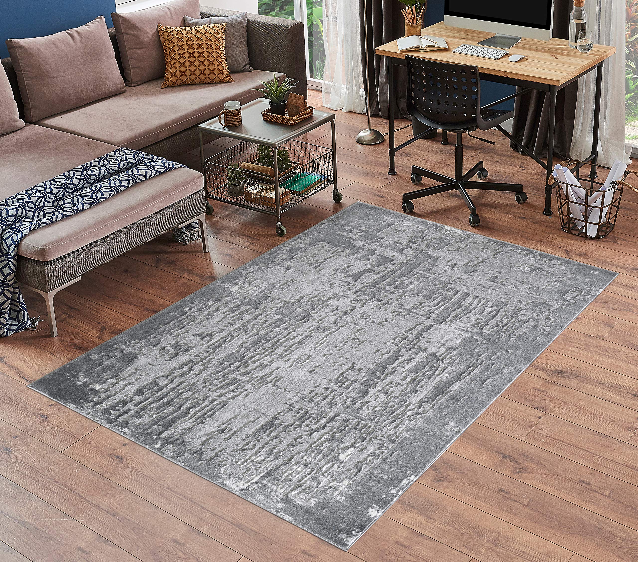 Serdim Rugs Serenity Modern Abstract Abrasion Contemporary Area Rugs, polyester, Grey, 60x110cm (2'x3'7")