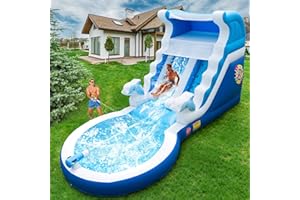 HXDOGSP Inflatable Water Slide Commercial Grade: 24FT(L) Water Bounce House for Adults & Teenagers - Big Pool, Premium PVC, Dolphin Style, Wet & Dry, 950W Blower - for Backyard Outdoor Birthday Party