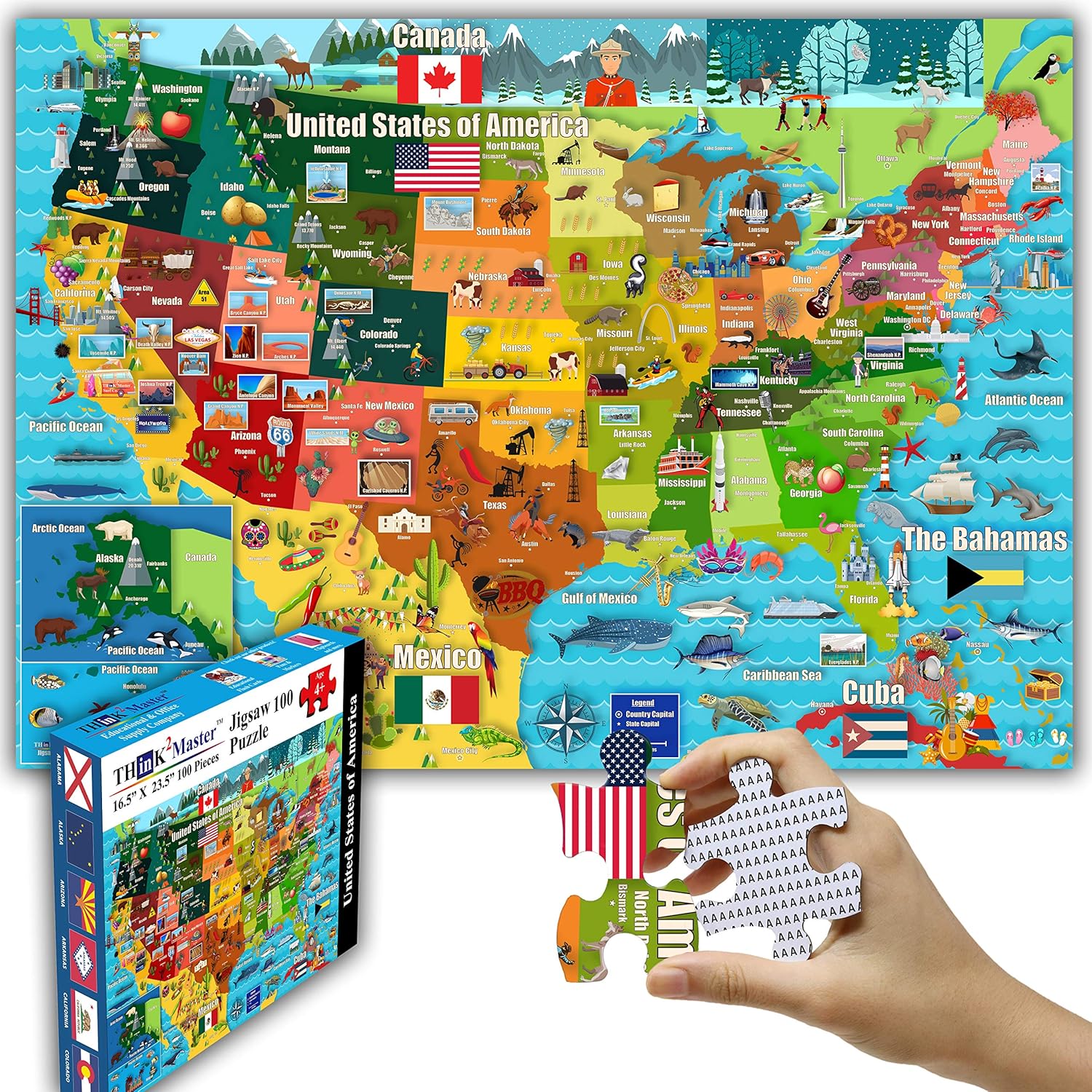 Think2Master Colorful United States Map 100 Pieces Jigsaw Puzzle Fun Educational Toy for Kids, School & Families. Great Gift for Boys & Girls Ages 4+ to Stimulate Learning of USA. Size:23.4” X 16.5”