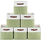 Patvingot 6-Pack Foldable Fabric Storage Cubes 11x11 Inch, Sturdy Cube Organizer Bins with Leather Handles, Storage Baskets for Closet Shelves and Home Organization(White/Green)