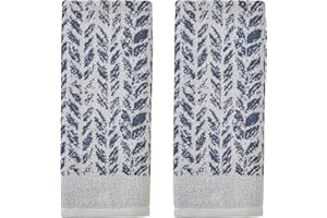 SKL Home Distressed Leaves 100% Turkish Cotton Premium 2-Piece Hand Towel Set, 600 GSM, Soft & Absorbent Jacquard, Decorative for Bath/Kitchen/Bar, Denim Blue