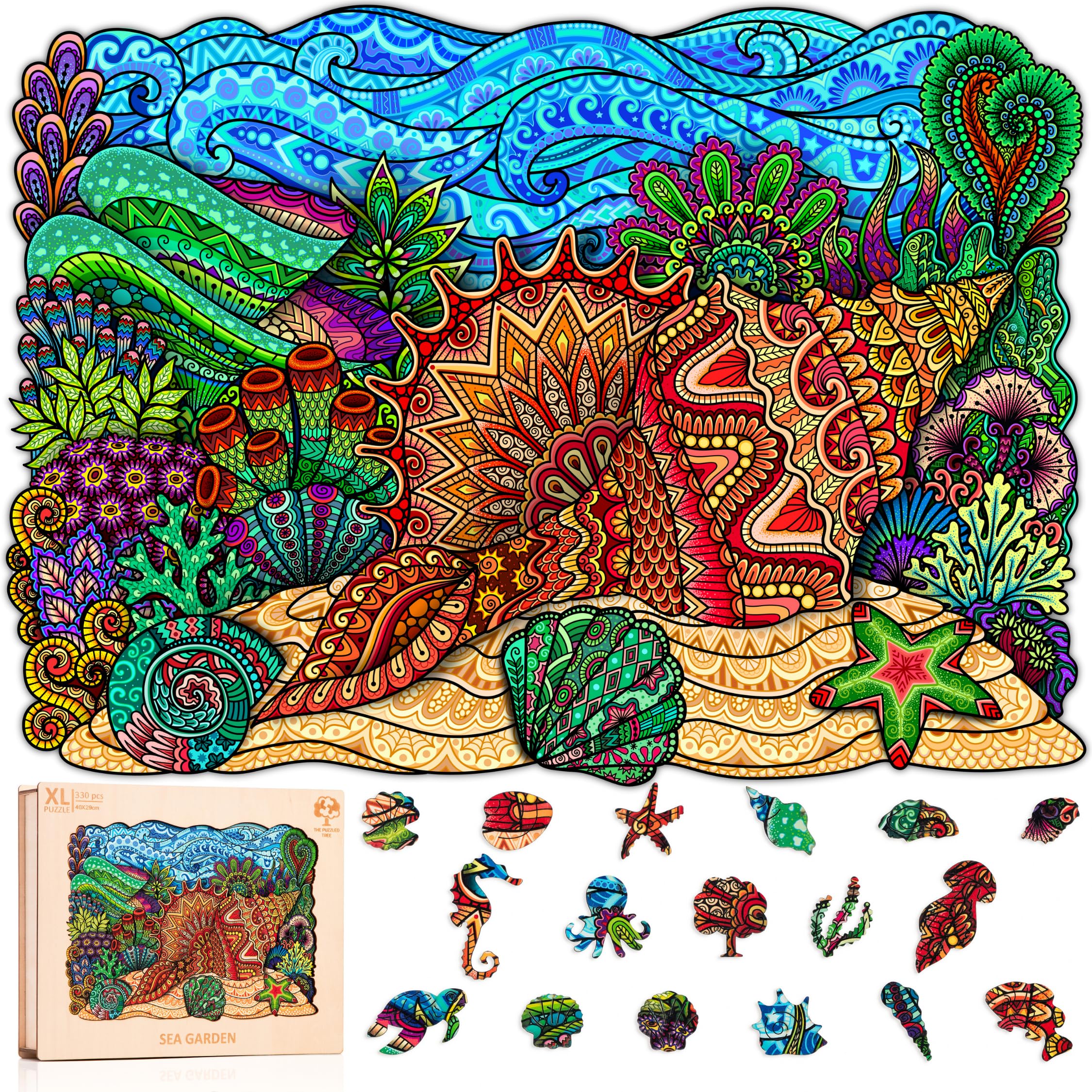 Jigsaw Puzzles for Adults XL 320 Piece (40x27cm) – Sea Garden Wooden Jigsaw Puzzle for Adults by The Puzzled Tree Unique Gift Ready Nature Puzzles