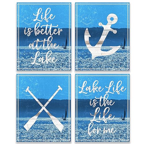 Amazon Com Lake House Decor Nautical Wall Country Cottage Accessories Lake Life Lakehouse Cabin Sign Lake Theme Home Signs Vintage Bathroom Decorations Set Of 4 8x10 Unframed Handmade