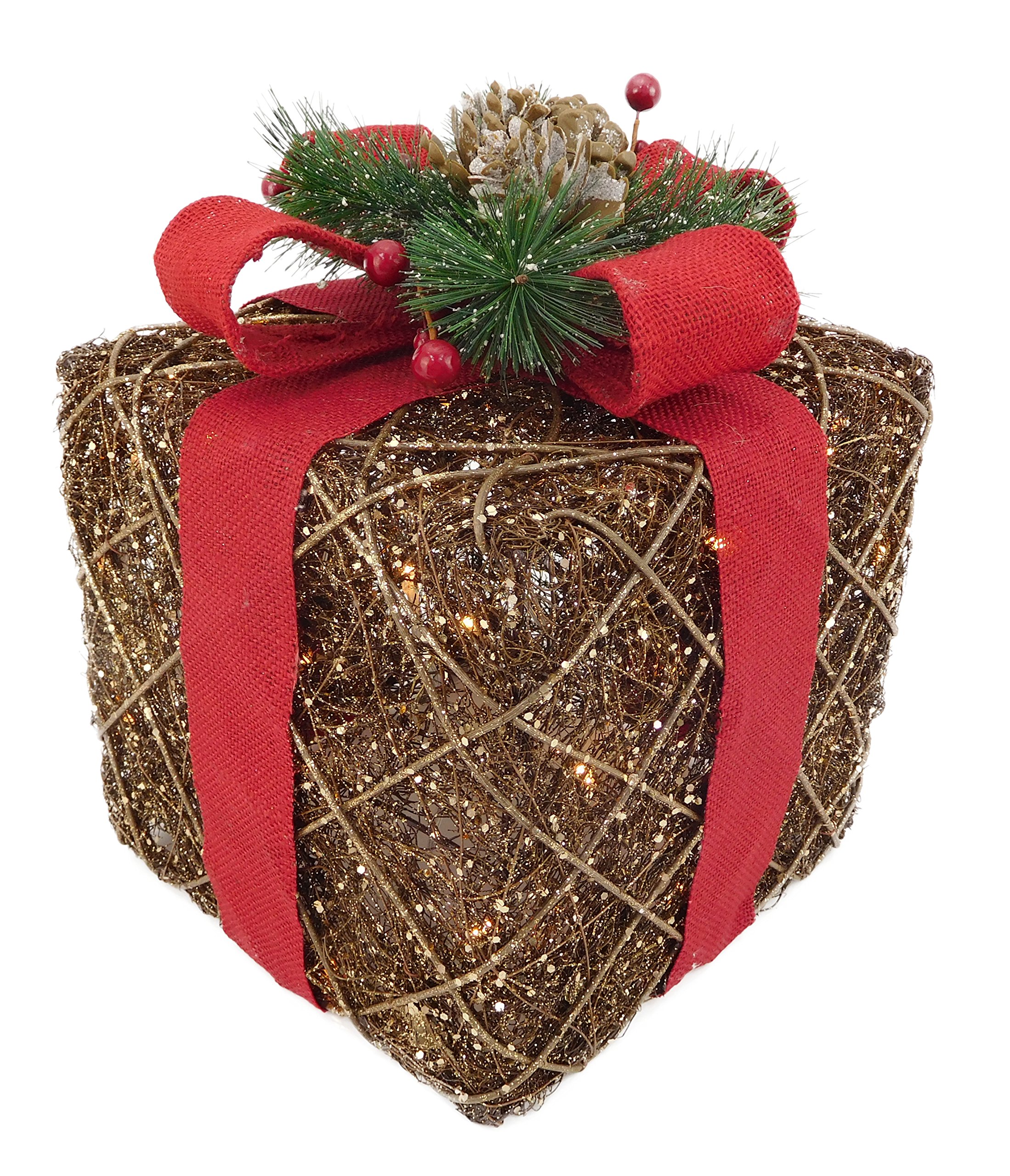 Christmas Concepts® Light Up Rattan Gift Box Christmas Decoration with Red Bow & Warm White LED Lights - Battery Operated- 30cm x 30cm