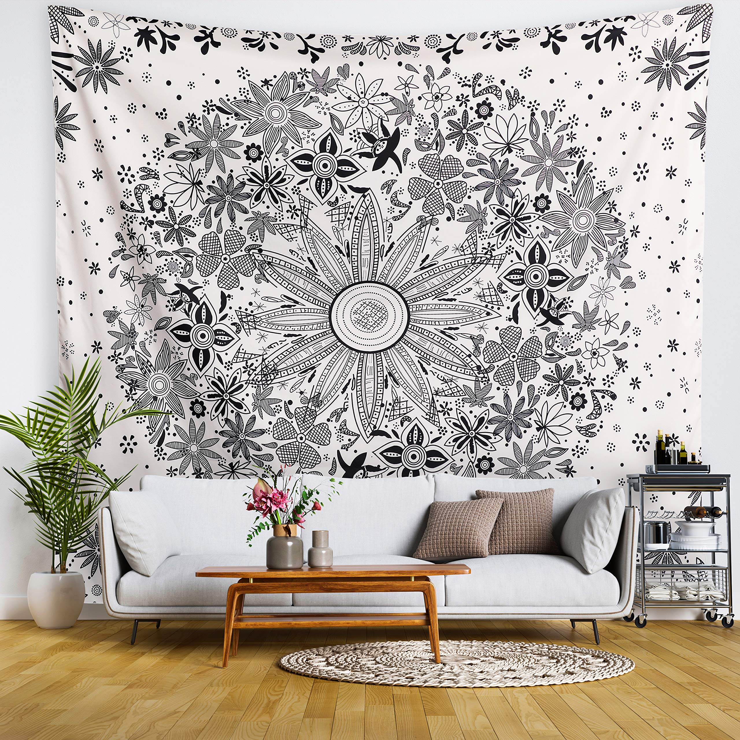 HAZANI Bohemian Wall Tapestry - 50 x 60 Inch Wall Tapestry for Hanging - White Flower Wall Tapestry with Dotted Daisy Medallion Print - Beautiful Hippie Home Decor for Any Room