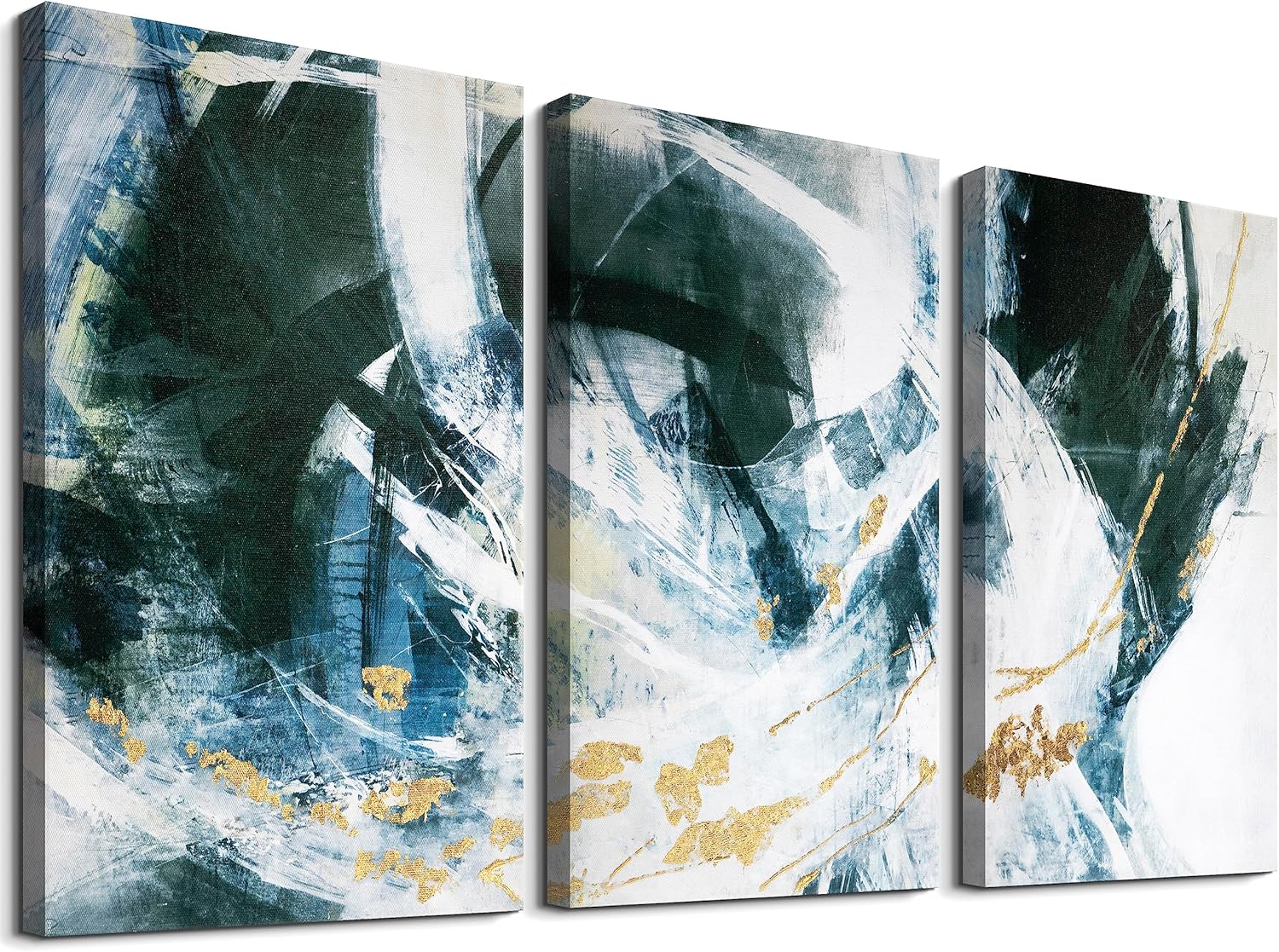 Paintings - 3 Piece Blue Abstract Wall Art for Bedroom Black and Gold Pictures Prints Stretched on Canvas for Home Office Decor Each Contemporary Coastal Artwork Framed 12