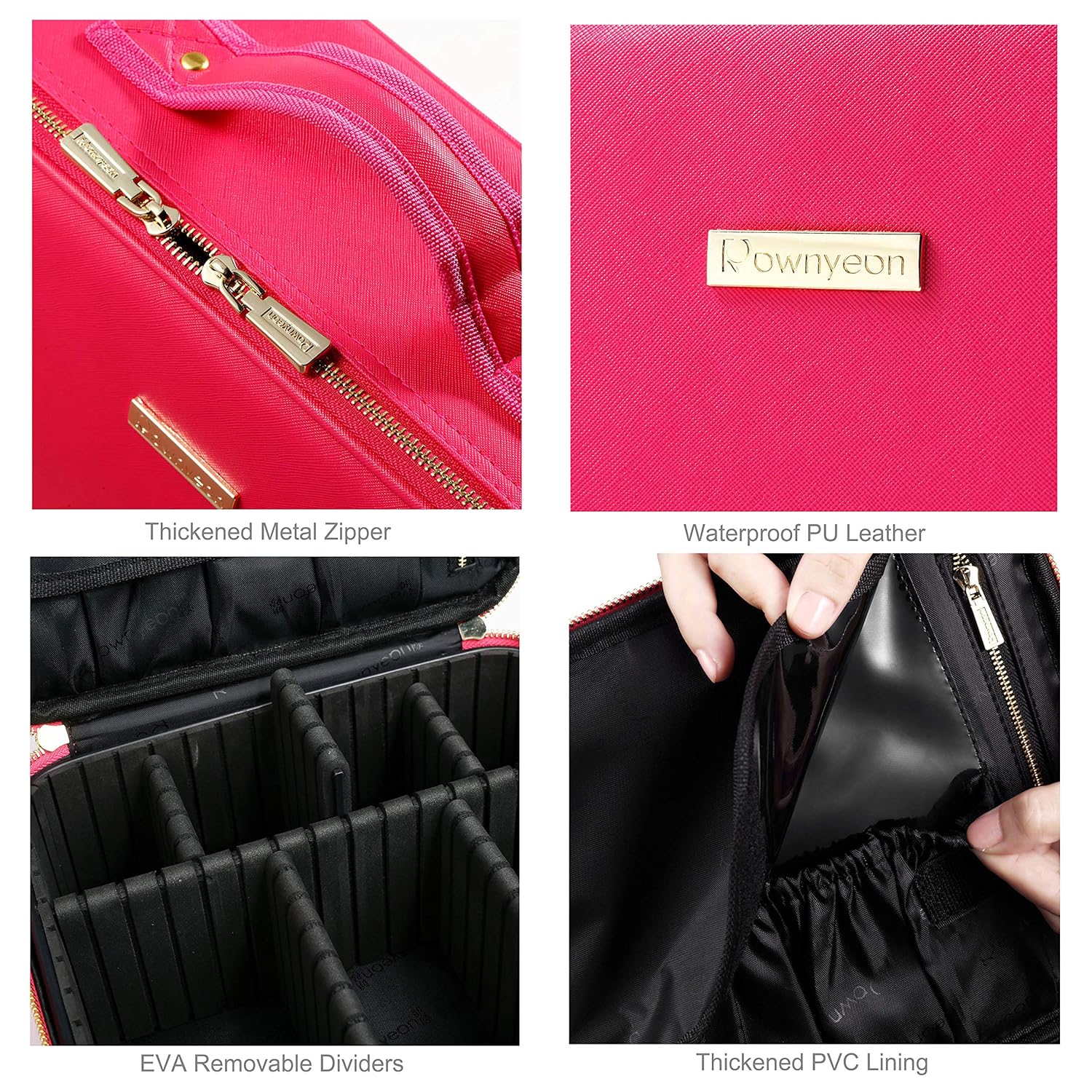 ROWNYEON Makeup Case Travel Makeup Bag Makeup Organizers Bag Makeup Train Case Professional Portable Cosmetic Bag for Women Waterproof PU Leather EVA Adjustable Dividers Gift for Girls Medium Pink : Beauty