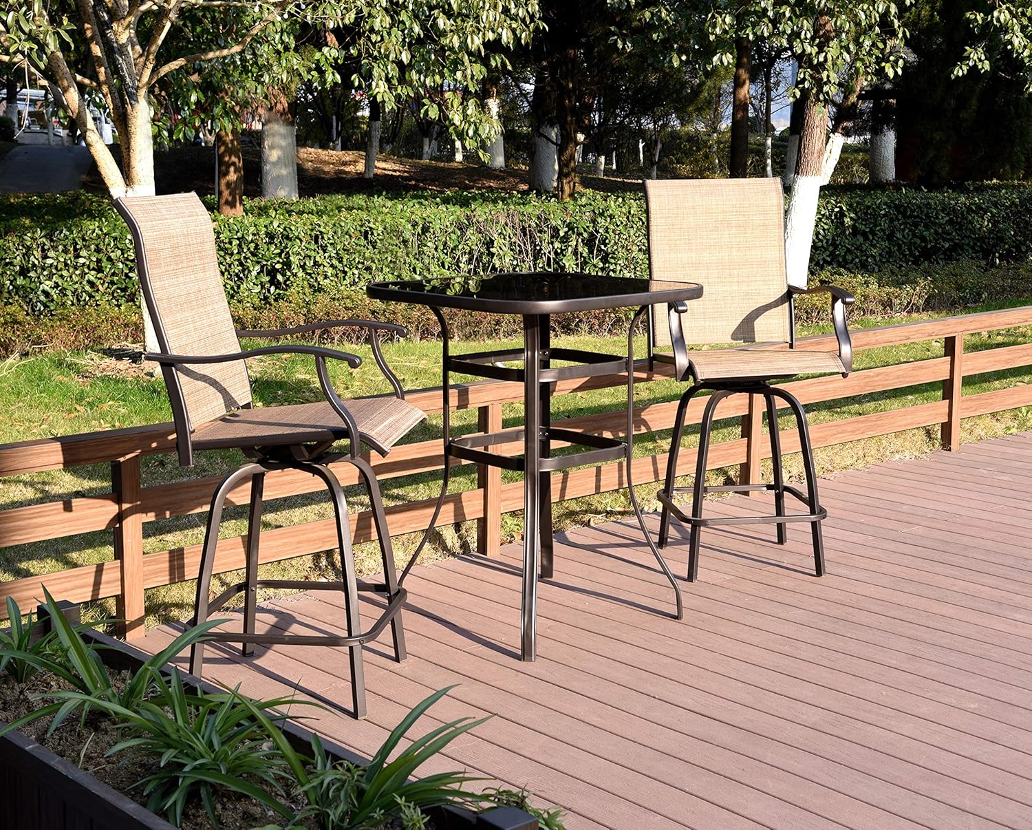 Emerit Patio Bar Tables, Outdoor Bistro Bar Height Table, Metal Frame Tempered Glass Table High Top: Garden & Outdoor