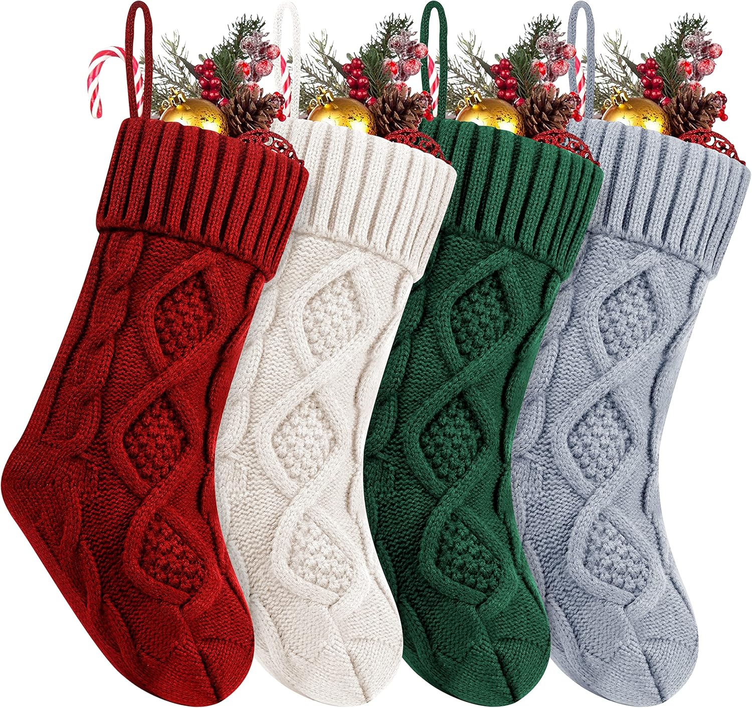 Stockings & Holders - 4 Pack Christmas Stockings, 14 Inches Cable Knitted Stocking Gifts & Decoration for Family Holiday Xmas Party Decor, Ivory White&Burgundy&Green and Grey