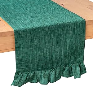 The White Petals Emerald Green Coffee Table Runners (13x36 inch, Pack of 1, Ruffles Trim) Fabric Lined | Properly Finished | for Home, Kitchen, Dining Room, Holiday, Wedding Party Décor