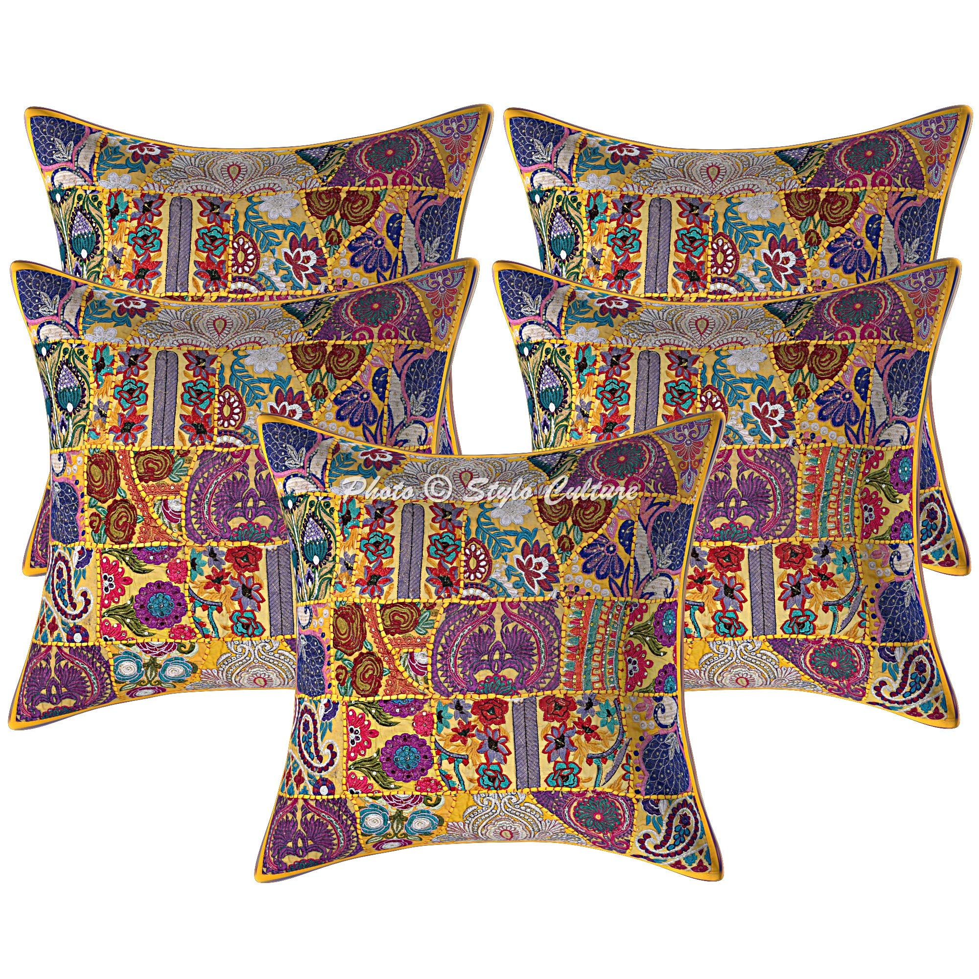 Stylo Culture Indian Cotton Vintage Fabric Patchwork Boho Cushion Covers 60 x 60 cm Mango Yellow Abstract Large 24x24 Inch Embroidered Square Decorative Floral Throw Pillow Covers - (Set Of 5 Pcs)