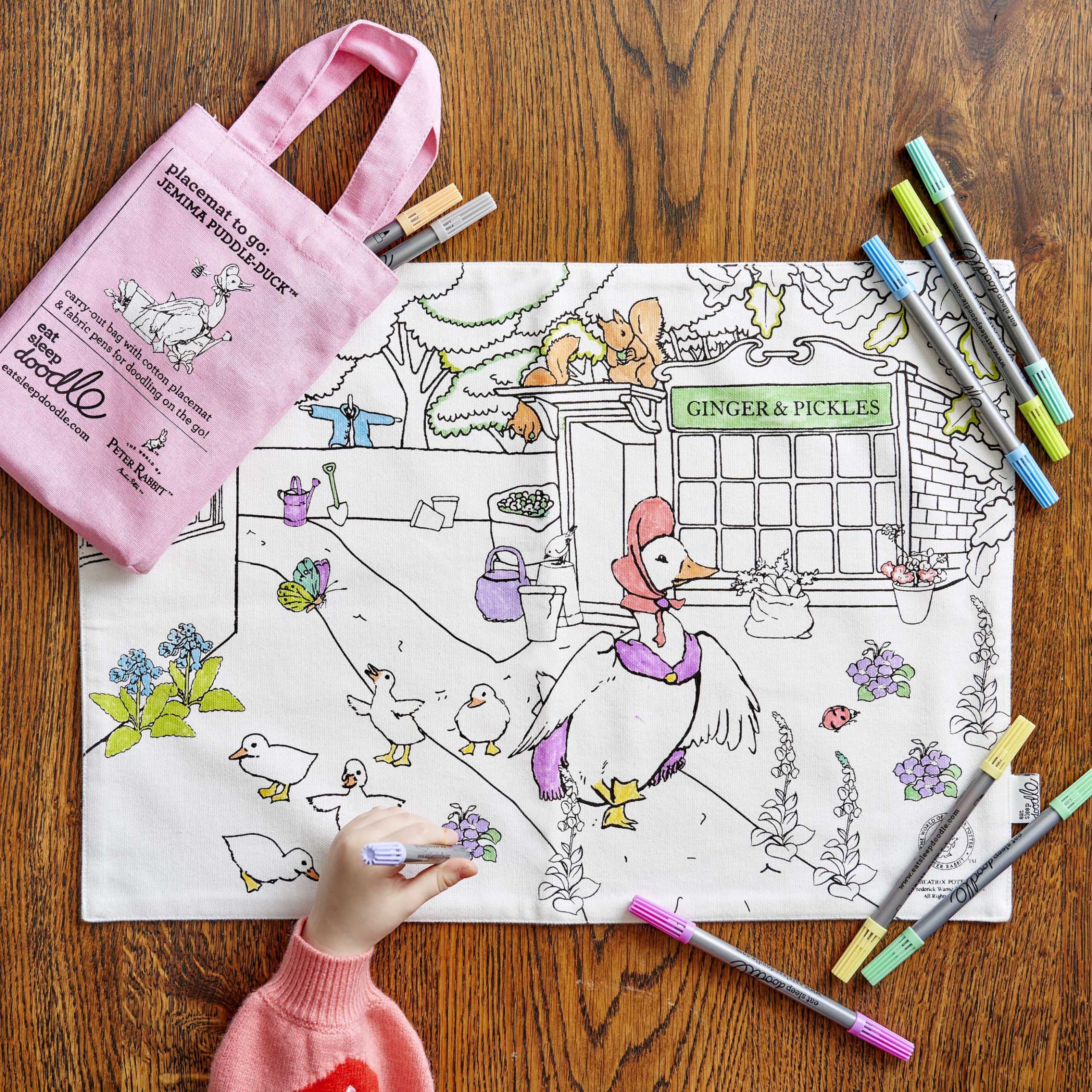 eatsleepdoodle Peter Rabbit™ and Friends Colouring Placemat for Kids w/10pk Washable Markers – 33x47cm Jemima Puddle-Duck™ Colouring Placemat – Ultra Washable & Reusable Arts and Crafts for Kids — image 1