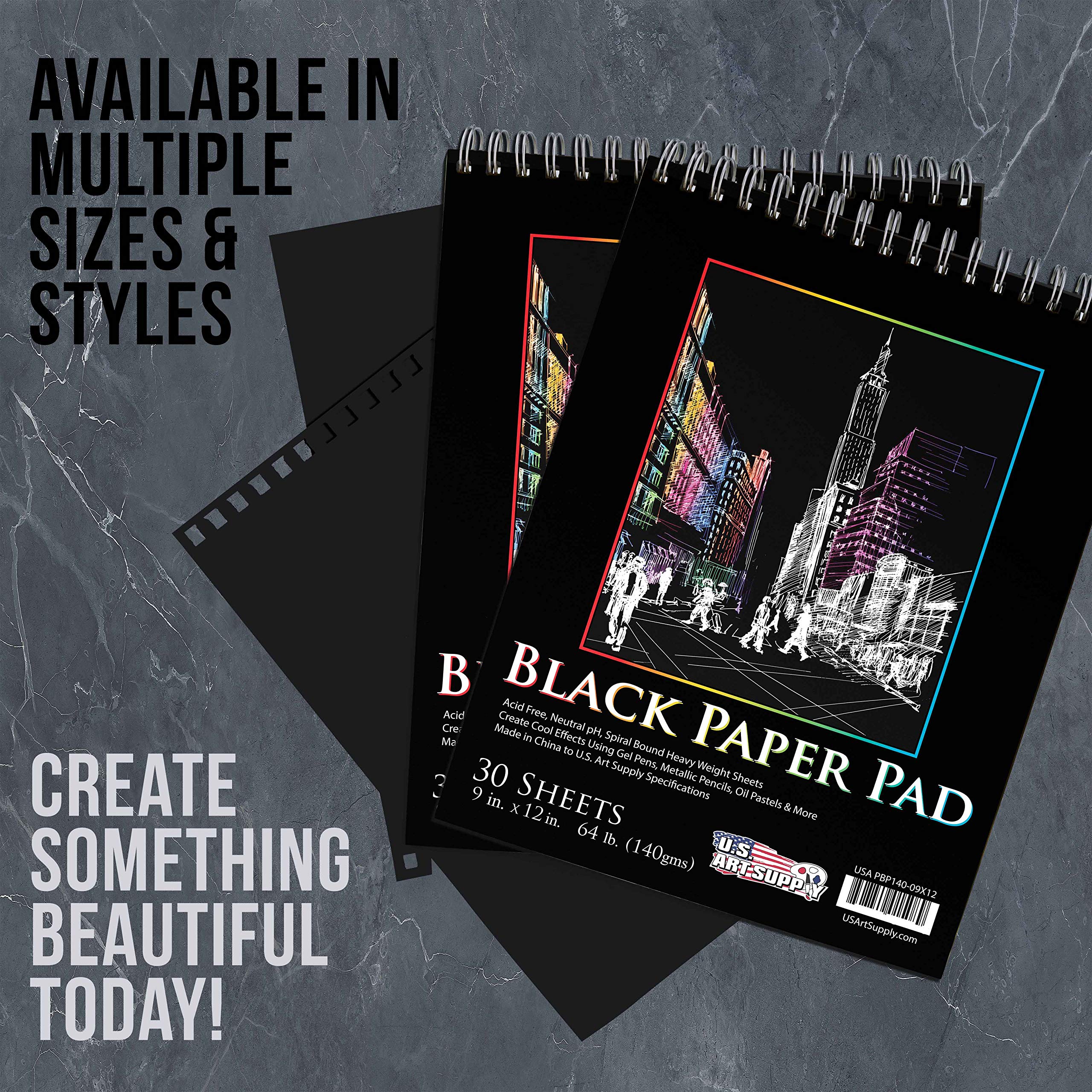 U.S. Art Supply 9x12 Premium Heavy-Weight Black Paper Sketchbook, 64lb (140gsm), 2 Pack, 30 Sheets, Spiral Bound, Black Paper Notebook for Colored Pencil, Markers, Oil Pastels, Chalk, Charcoal