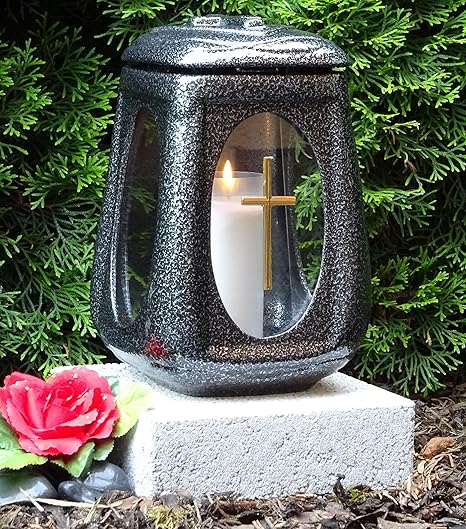 ? Grablaterne mit Sockel und Grabkerze Keramik Silber Glas Kreuz Grabdekoration Grablampe Grabschmuck Grableuchte Laterne Lam