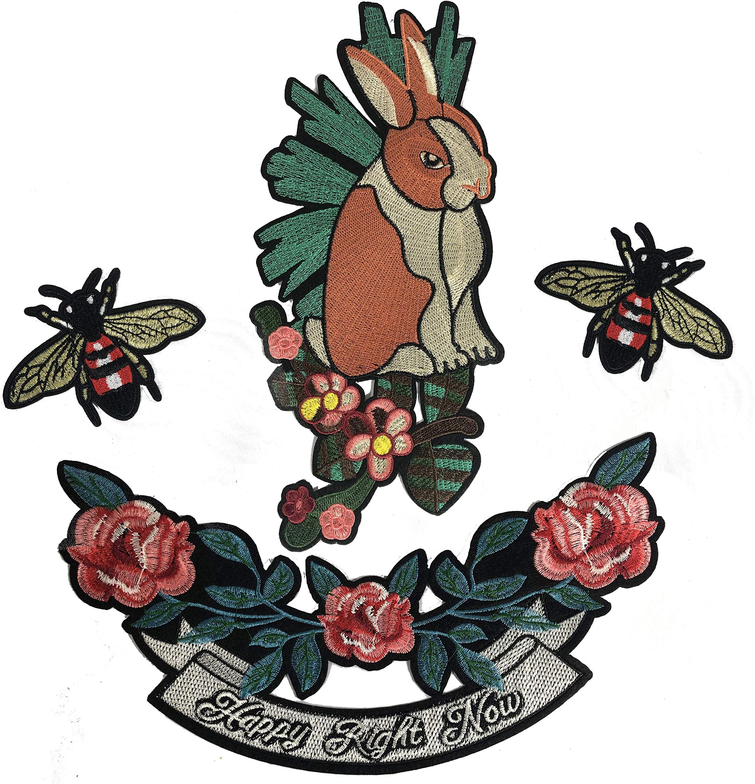 Est Mundum Motorcycle Patches Designer Snake | Bee | Tiger | Rose | Multi-Pack Kit | Embroidered Iron On Patch for Jackets and Backpacks | (Parent) (Rabbit Combo)