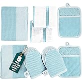 Casa Platino Oven Mitts and Pot Holders Sets, 8-Piece – 500°F Heat Resistant Mini Oven Mitts with Silicone Grip, Potholders for Kitchens, 2 Kitchen Towels & 2 Dish Cloths – Non-Slip & Durable – Aqua