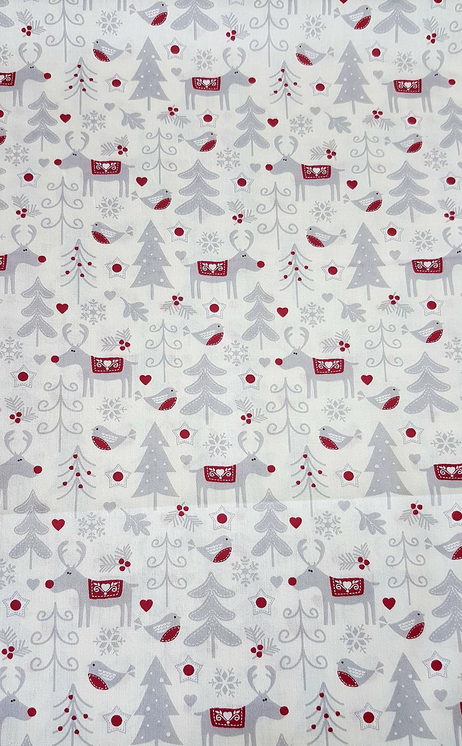 100% Cotton Fabric - Reindeer & Christmas Trees - 135cm Wide - Sold per Metre Cream Background