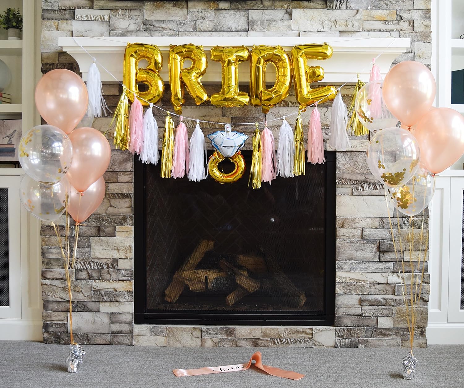 Bachelorette Party Decorations Pack Includes: Gold Foil Bride Balloon Banner Garland, Bride to be Sash + Rose Gold & Gold Confetti Balloons + Diamond Ring Balloon + Cute Bachelorette Tassel Banner : Home & Kitchen