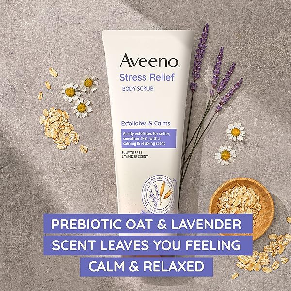 AVEENO STRESS RELIEF BODY SCRUB, EXFOLIATING BODY WASH FOR SOFTER, SMOOTHER SKIN, FORMULATED WITH PREBIOTIC OAT & LAVENDER SCENT TO CALM & RELAX, SULFATE-FREE & SOAP-FREE, 8 FL. OZ