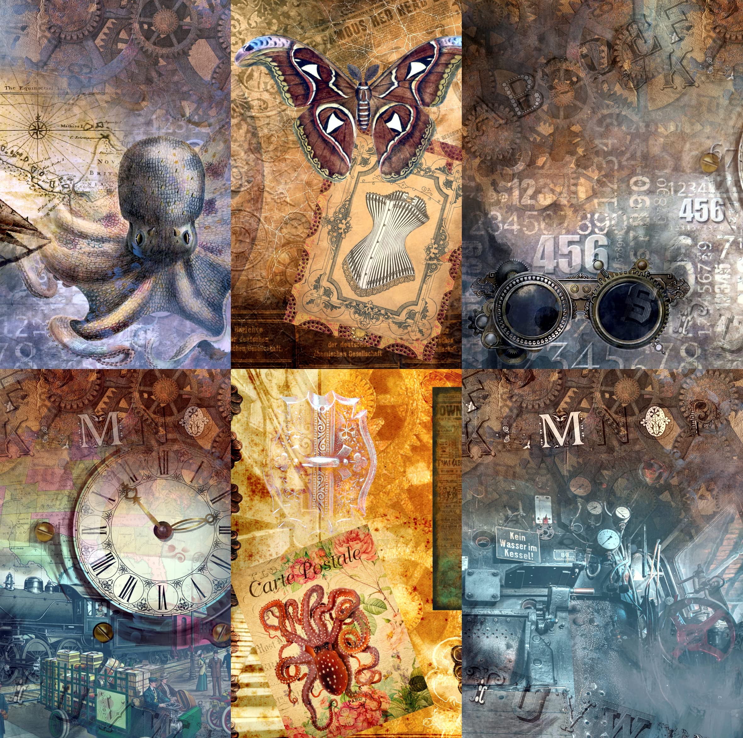 Dark Steampunk Mulberry Rice Paper, 20.5 x 26.5cm - 6 x Different Printed Mulberry Paper Images 30gsm Visible Fibres for Decoupage Crafts Mixed Media Collage Art