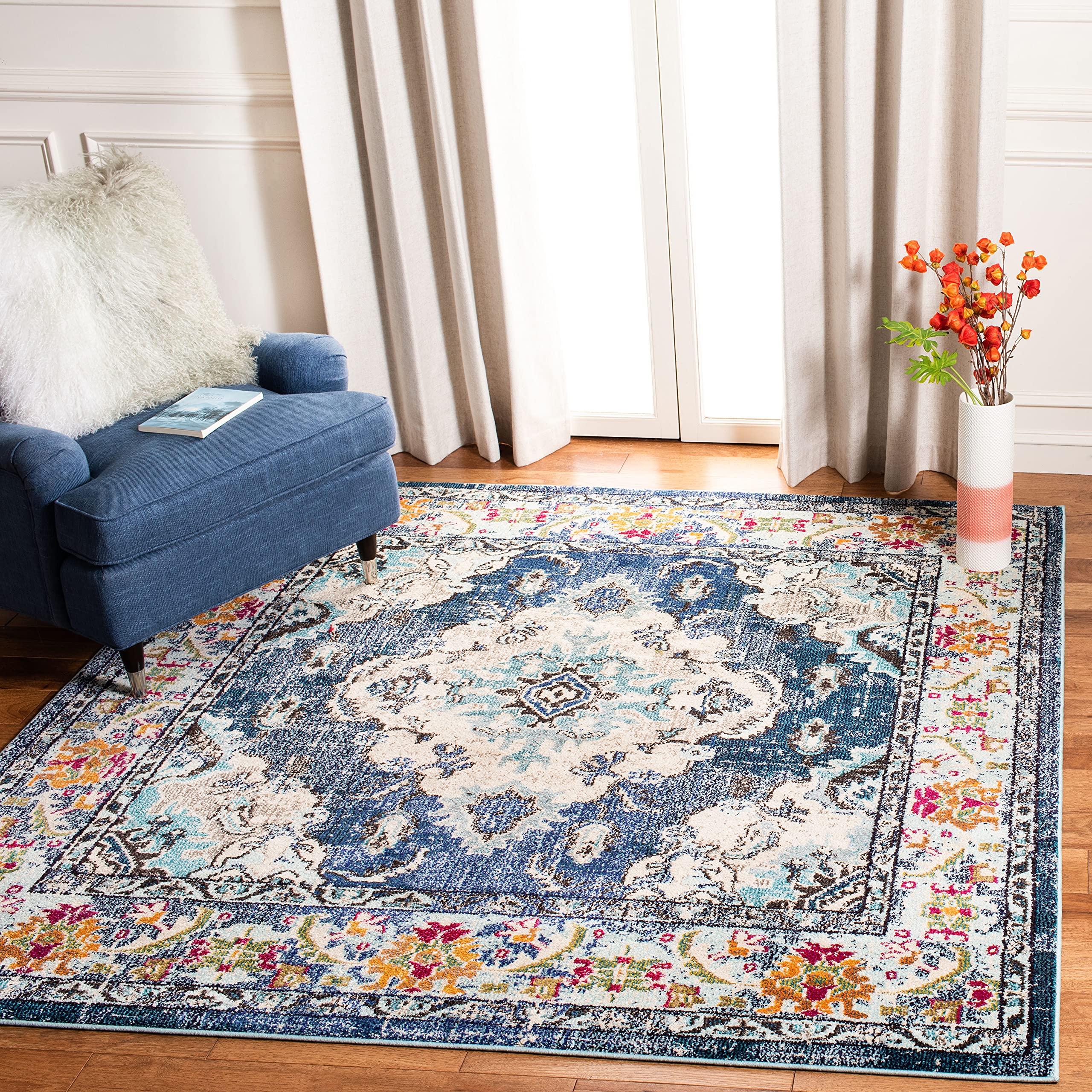 SAFAVIEH Monaco Collection Area Rug - 10' Square, Navy & Light Blue, Boho Chic Medallion Distressed Design, Non-Shedding & Easy Care, Ideal for High Traffic Areas in Living Room, Bedroom (MNC243N) Image