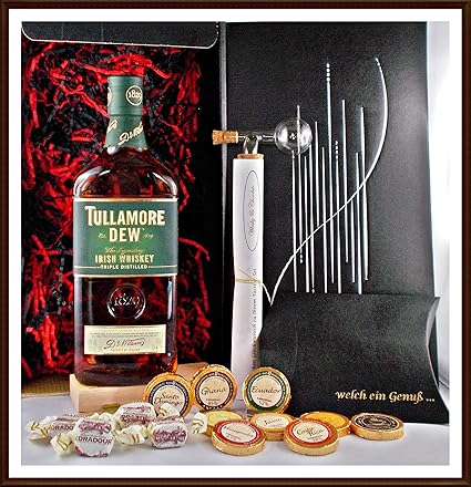 Geschenk Tullamore Dew Irish Whiskey + Flaschenportionierer + 10 Edel Schokoladen von DreiMeister & DaJa + 4 Whisky Fudge, ko