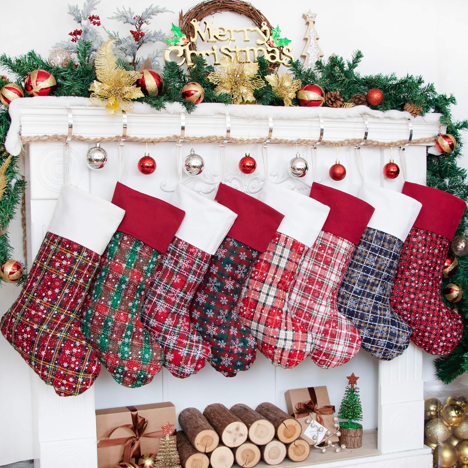 Stockings & Holders - LUBOT 8 Pack Christmas Stocking(20inch) Plaid Snowflake Canvas Fireplace Hanging Xmas Stockings for Family Decorations Holiday Party Decor