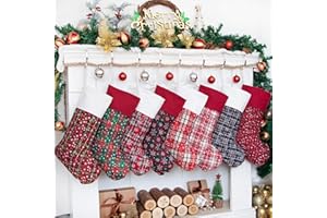 LUBOT 8 Pack Christmas Stocking(20inch) Plaid Snowflake Canvas Fireplace Hanging Xmas Stockings for Family Decorations Holiday Party Decor