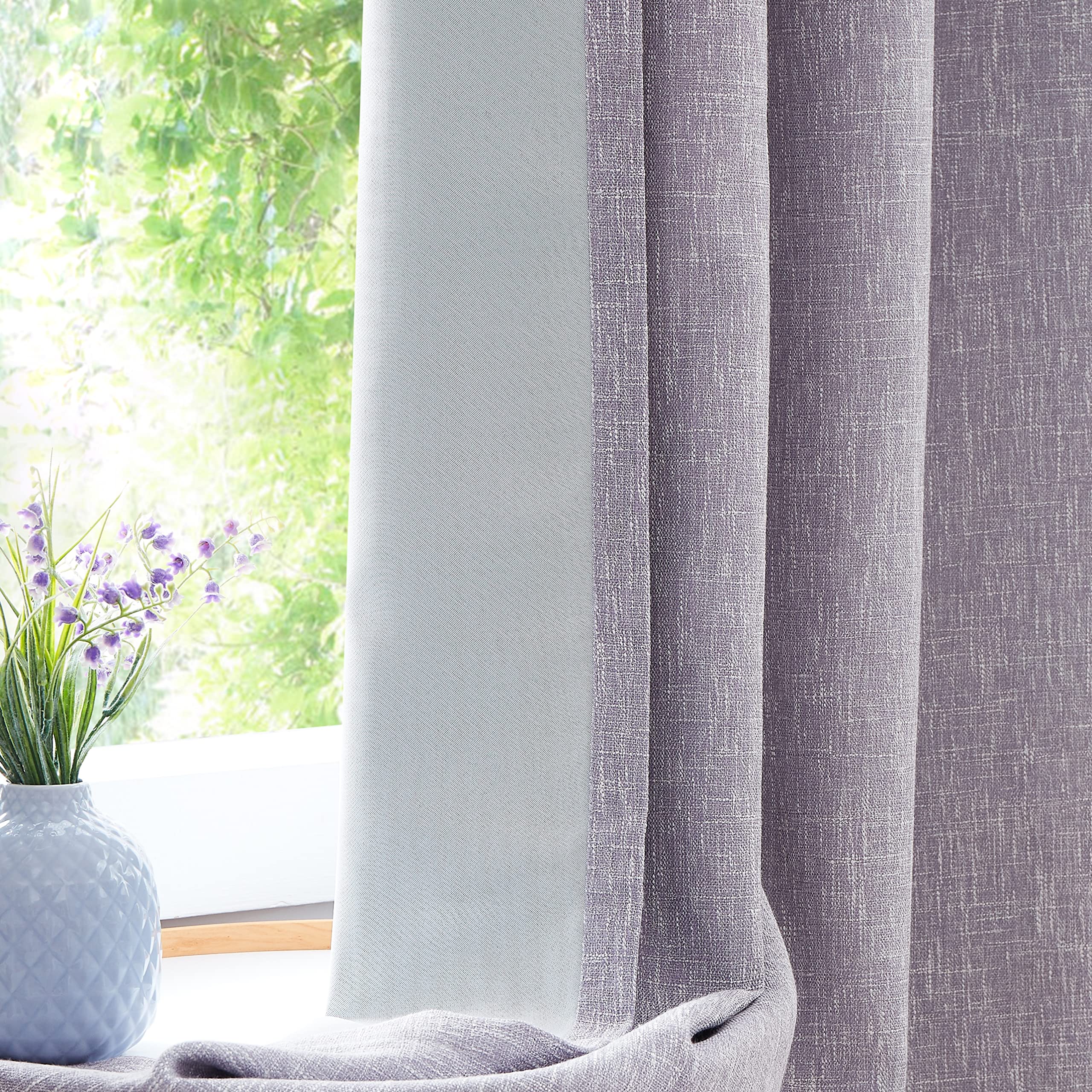 Photo 1 of Lavender Solid Full Blackout Curtain Heavy Linen Texture Window Treatment for Bedroom Thermal Insulated Noise Reduction Drapes 8 Grommets Top for Living Room with Liner, Purple, 50"x63", 2 Panels