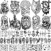 49 Sheets Tribal Black Temporary Tattoos For Women Men Adults Body Arm, Long Lasting Maori Wolf Tiger Lion Spartan Warrior Gladiator Fake Tattoo Stickers Gangster Rose Skull, Bulk Halloween Tattoos