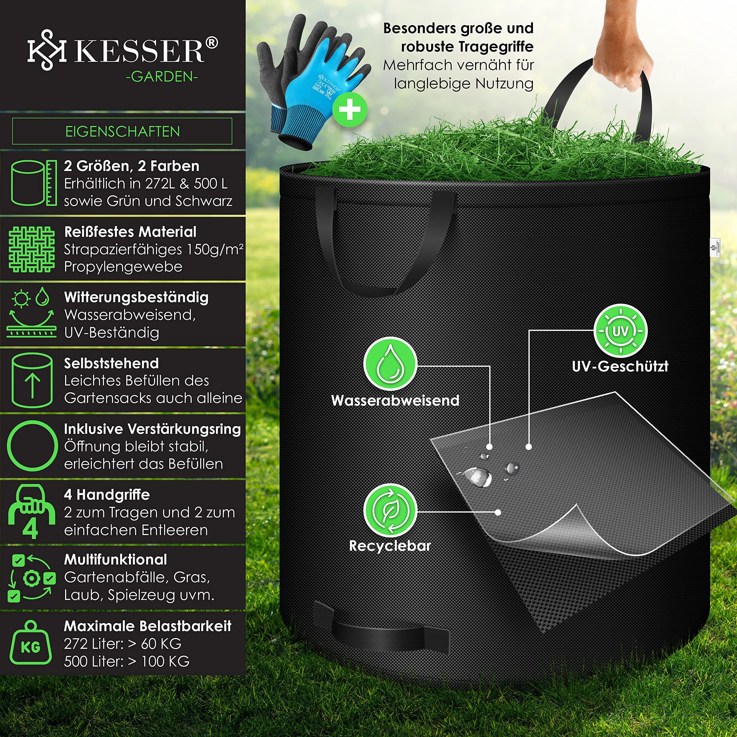 KESSER® Gartensack 3x 272L Set Laubsack Gartenabfallsack inkl. Handschuhe - Selbststehend 4 Griffe Stabil Robust & Faltbar - Laubsäcke Rasenschnitt für Gartenabfälle Grünschnitt Schwarz 2