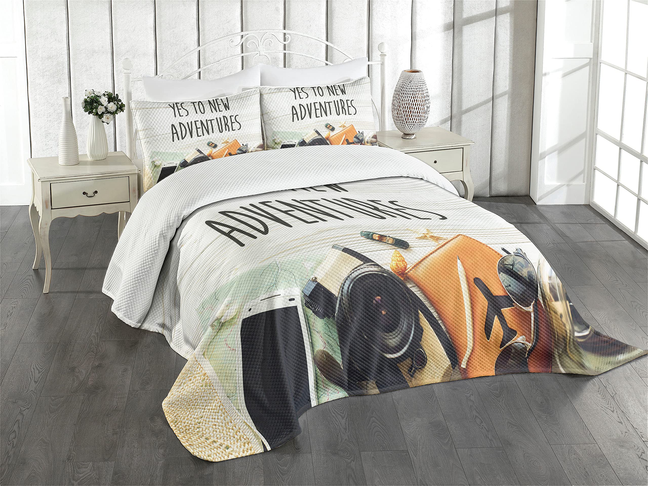 ABAKUHAUS Adventure Bedspread Set, Wanderlust Retro Text, Decorative Quilted 3 Piece Coverlet Set with 2 Pillow Shams, Beige Cream