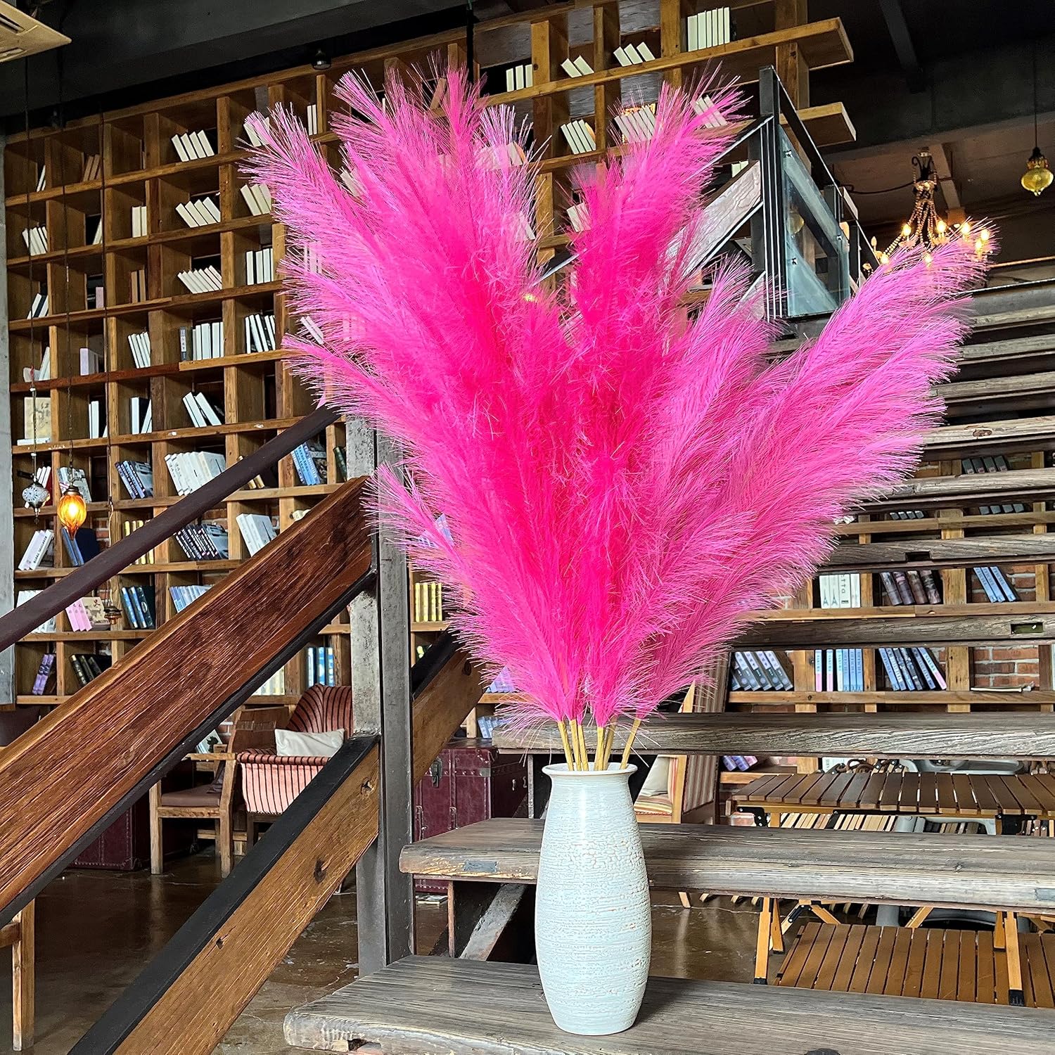 Dried & Preserved Flora - penepico Faux Hot Pink Pampas Grass Decor Tall, 8pcs 43.3