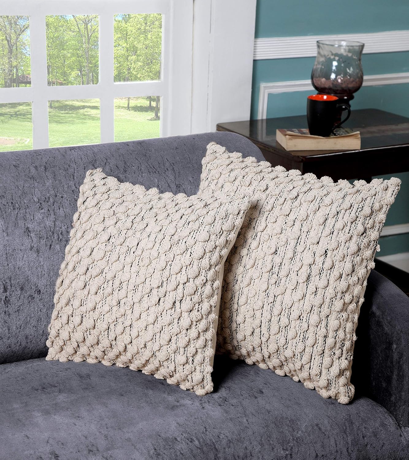 Tex Trend Decorative Cushion Covers for Bed Sofa Chair Car, Elegant Modern Design - 100% Cotton Woven Pillowcase (18 x 18 Inch - Ivory) 1 Pc: Home & Kitchen