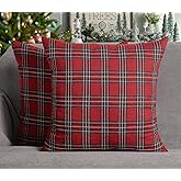4TH Emotion Set of 2 Christmas Scottish Tartan Plaid Throw Pillow Covers Cushion Case Polyester for Farmhouse Home Decor Red and Green, 18 x 18 Inches