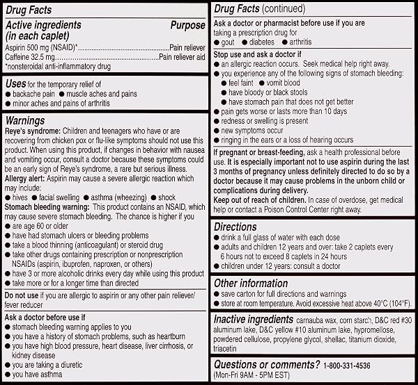 EXTRA STRENGTH BAYER ASPIRIN, 500MG COATED TABLETS, RUSHES RELIEF TO THE SITE OF TOUGH PAIN, PAIN RELIEVER/FEVER REDUCER, 100CT
