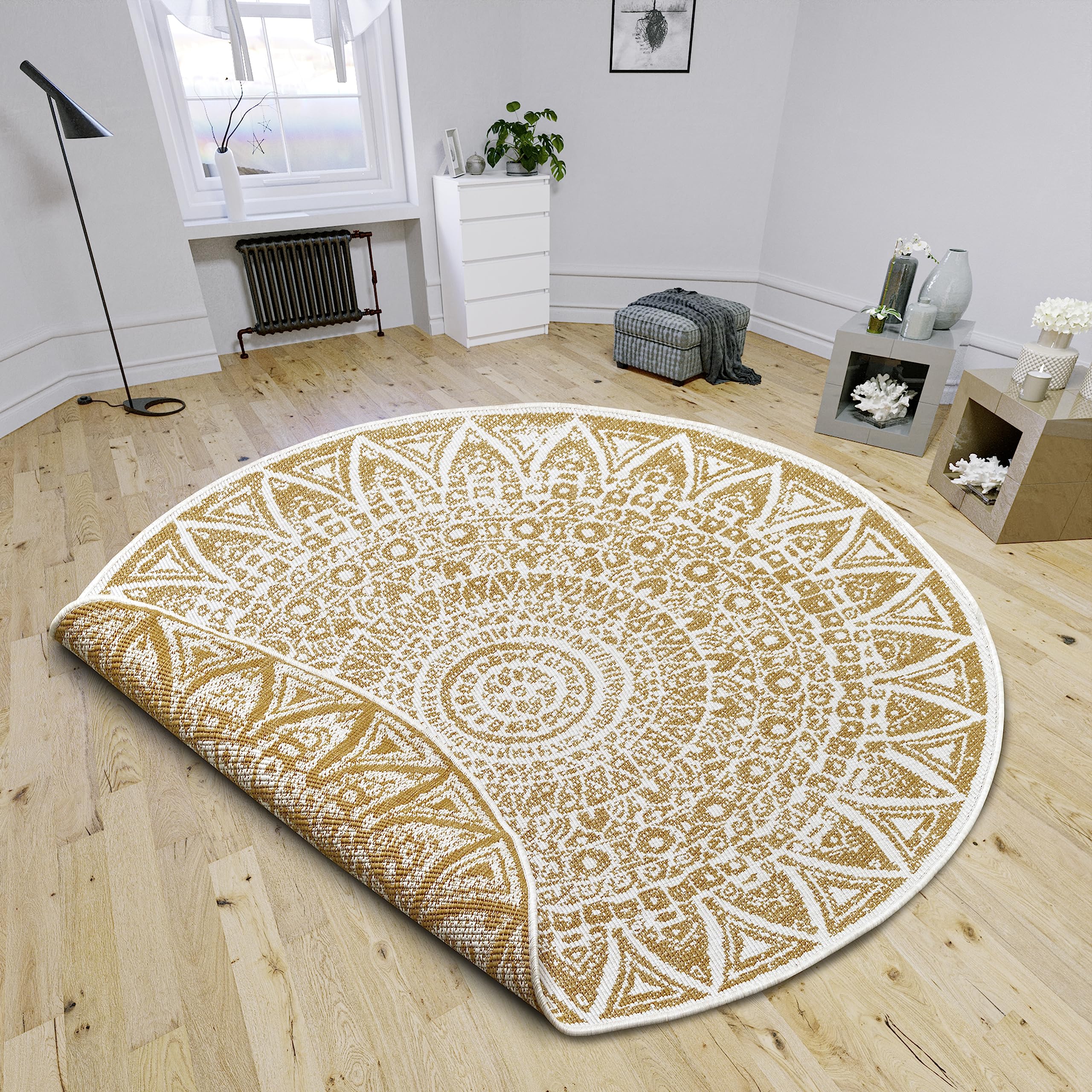 Freundin Home Collection Lilja Indoor and Outdoor Reversible Rug - Round, Flat Weave, Boho Design, Oeko-Tex, Weatherproof and UV-Resistant for Balcony, Patio, Garden - Ochre, Diameter 100 cm