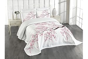 Ambesonne Japanese Bedspread, Branch of a Flourishing Sakura Tree Flowers Cherry Blossoms Spring Theme Art, Decorative Quilted 3 Piece Coverlet Set with 2 Pillow Shams, Queen Size, Dark Brown