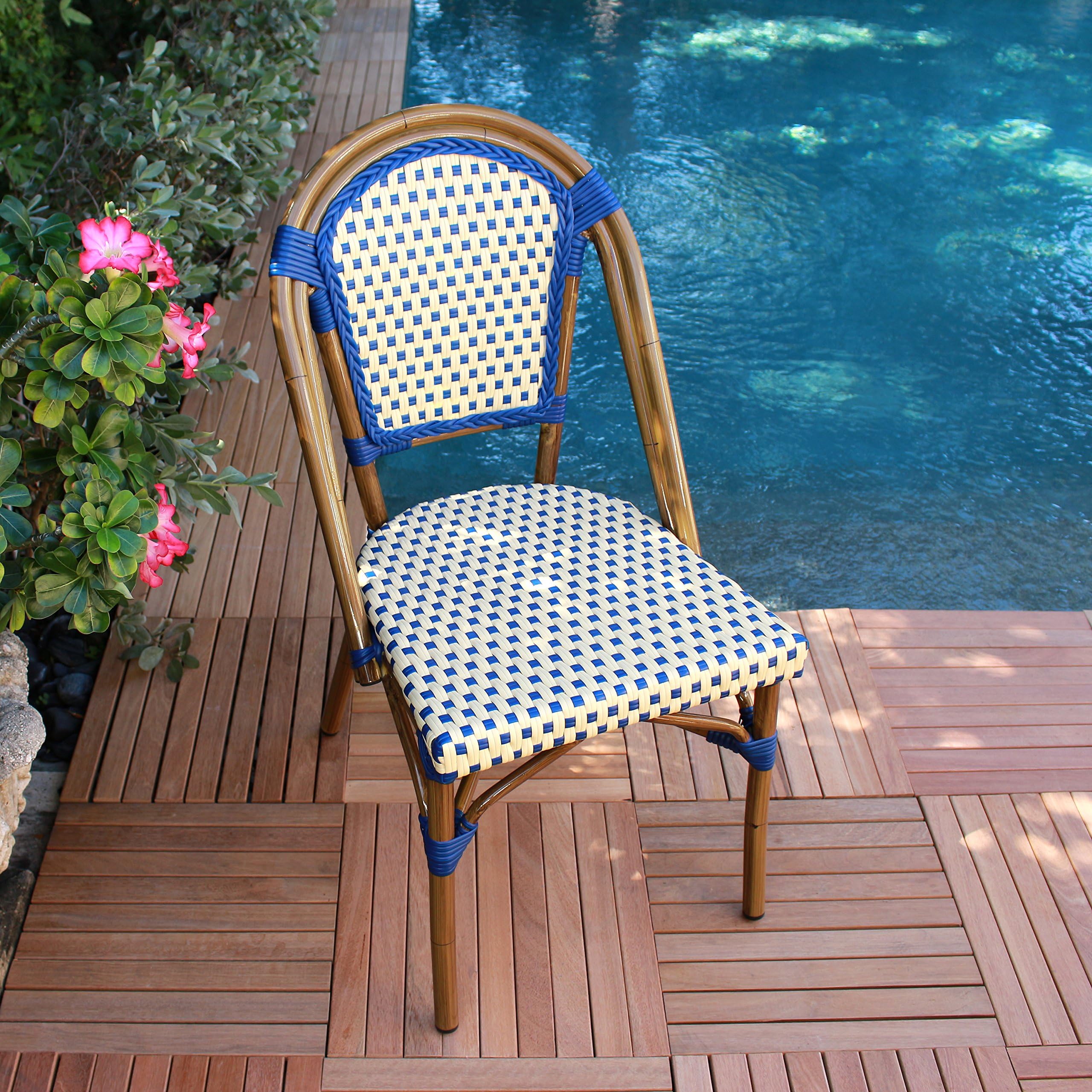 FRENCH BISTRO Inspired Bistro All Weather Patio Dining Chair Saint Tropez - SET of 6 (Six) Cast Aluminum with Viro Rattan Weave (BLUE/IVORY)