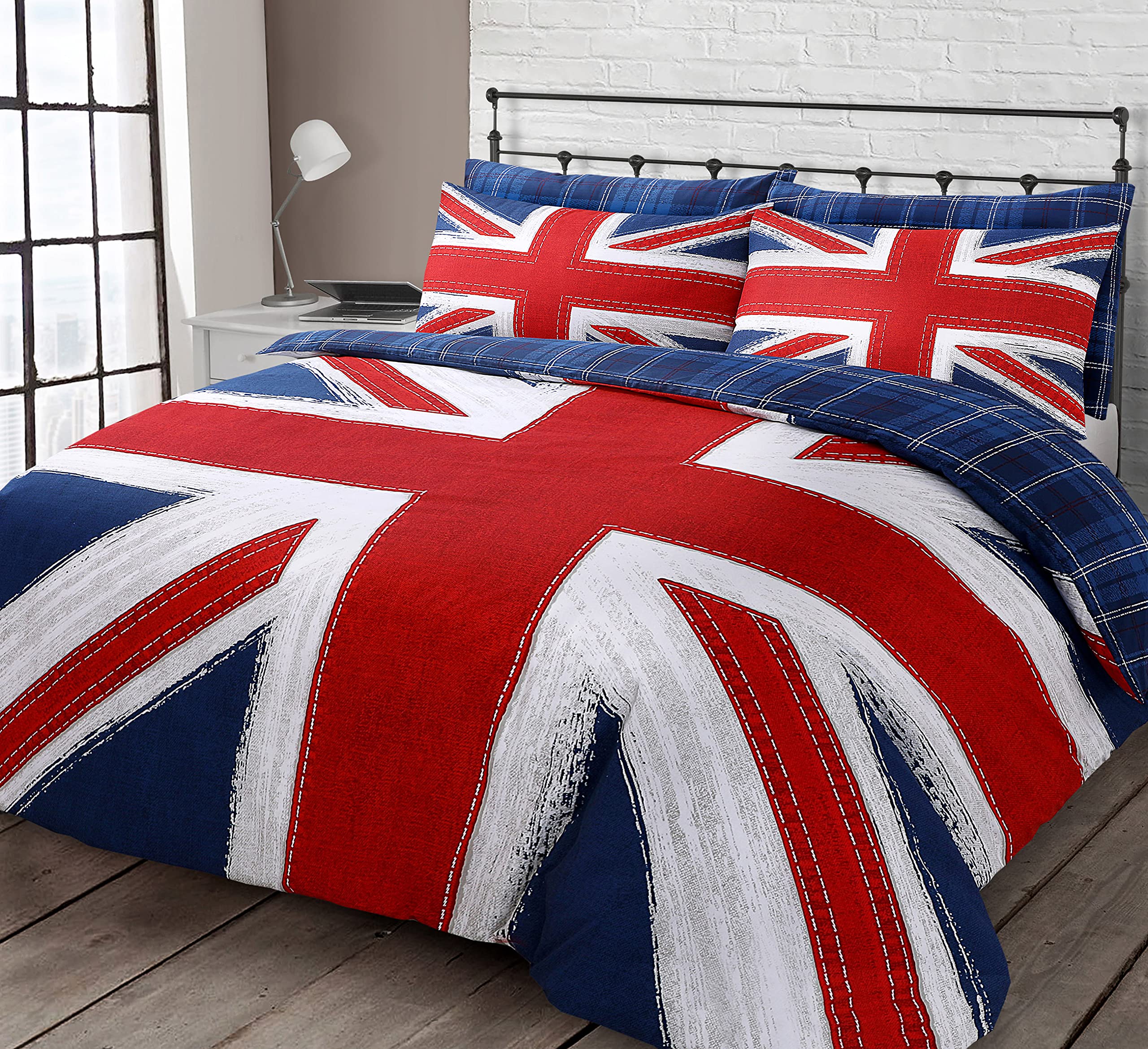 Home Republic Union Jack Reversible Checkered England Flag Bedding Duvet Cover and Pillowcase Set (Single)
