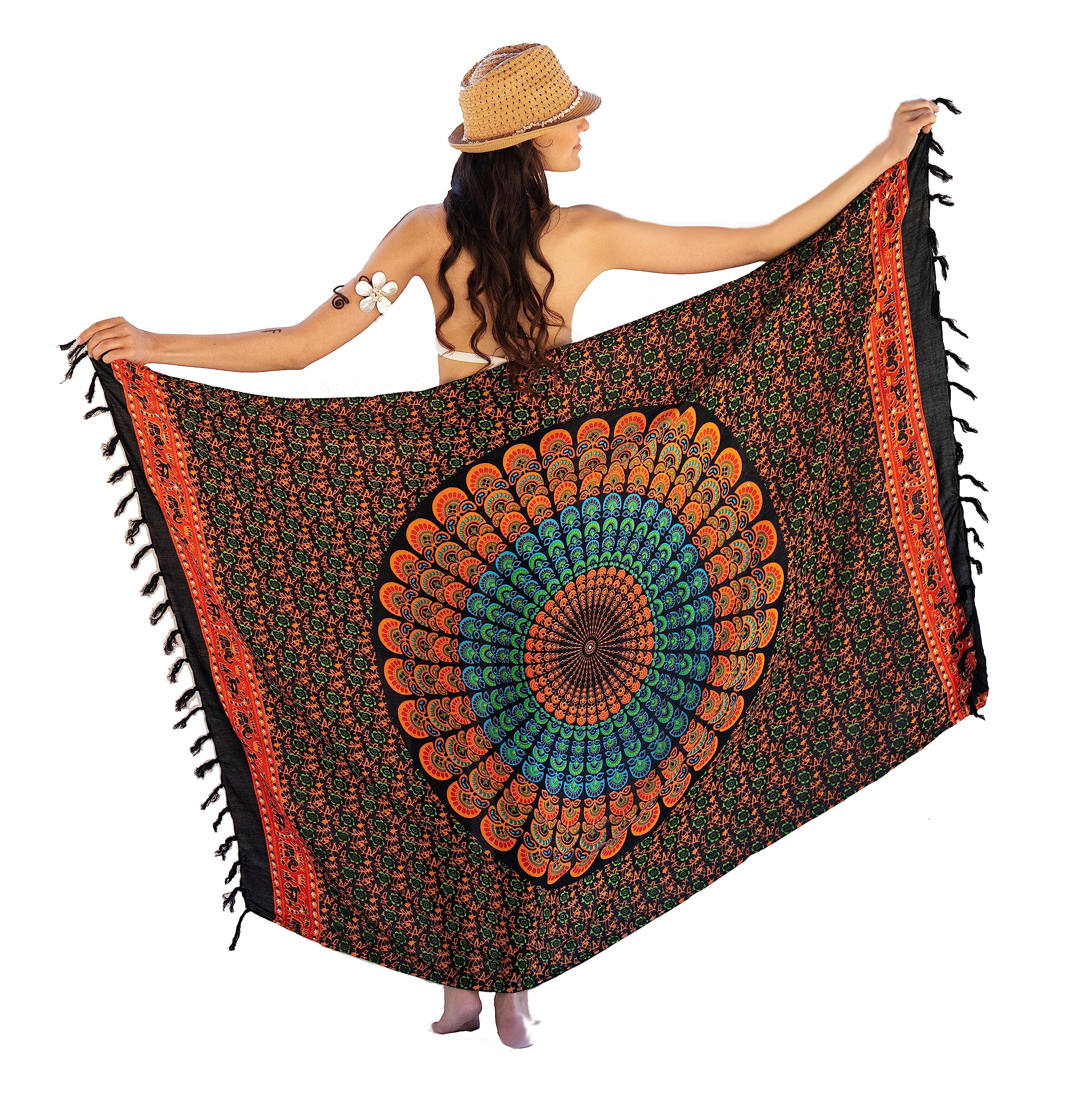 NELUHA Sarong Cloth with Sarong Holder, Pareo Wrap Towel, Wrap Skirt, Beach Towel, XXL Pareo, Mandala, Orange