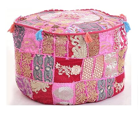 Pink Ethnic Decorative Pillow Cover Pouf Ottoman Pouffe Poof Cover Patchwork Khambadiya Embroidery Round Pouf Foot Stool Cover 22 Inch by Handicraft-Palace