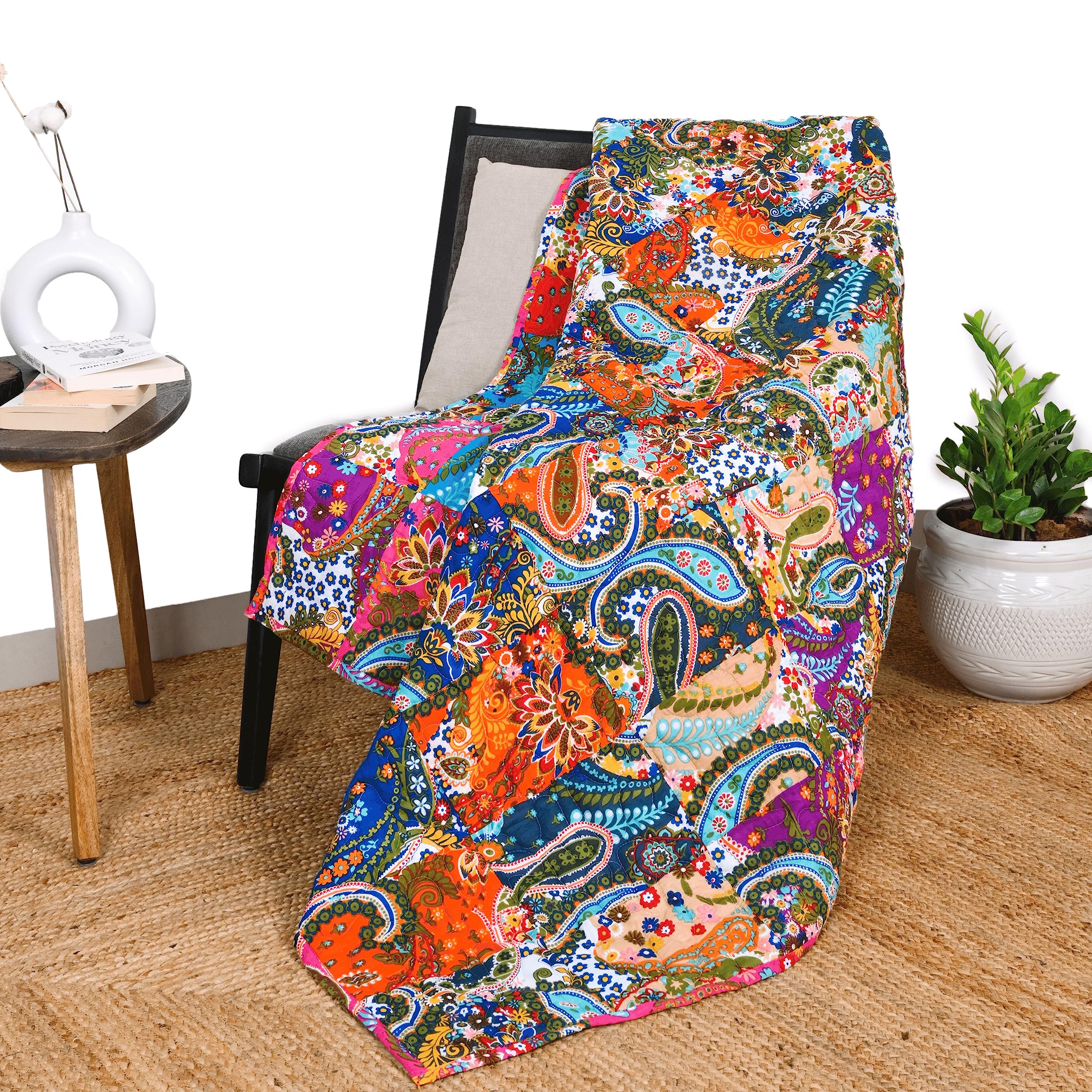 RAJRANG Multicolor Patchwork Quilt Vintage Indian Reversible Quilted Throw Blanket Super Soft and Warm Living Room Decorative for Sofa and Couch 130x170 cm