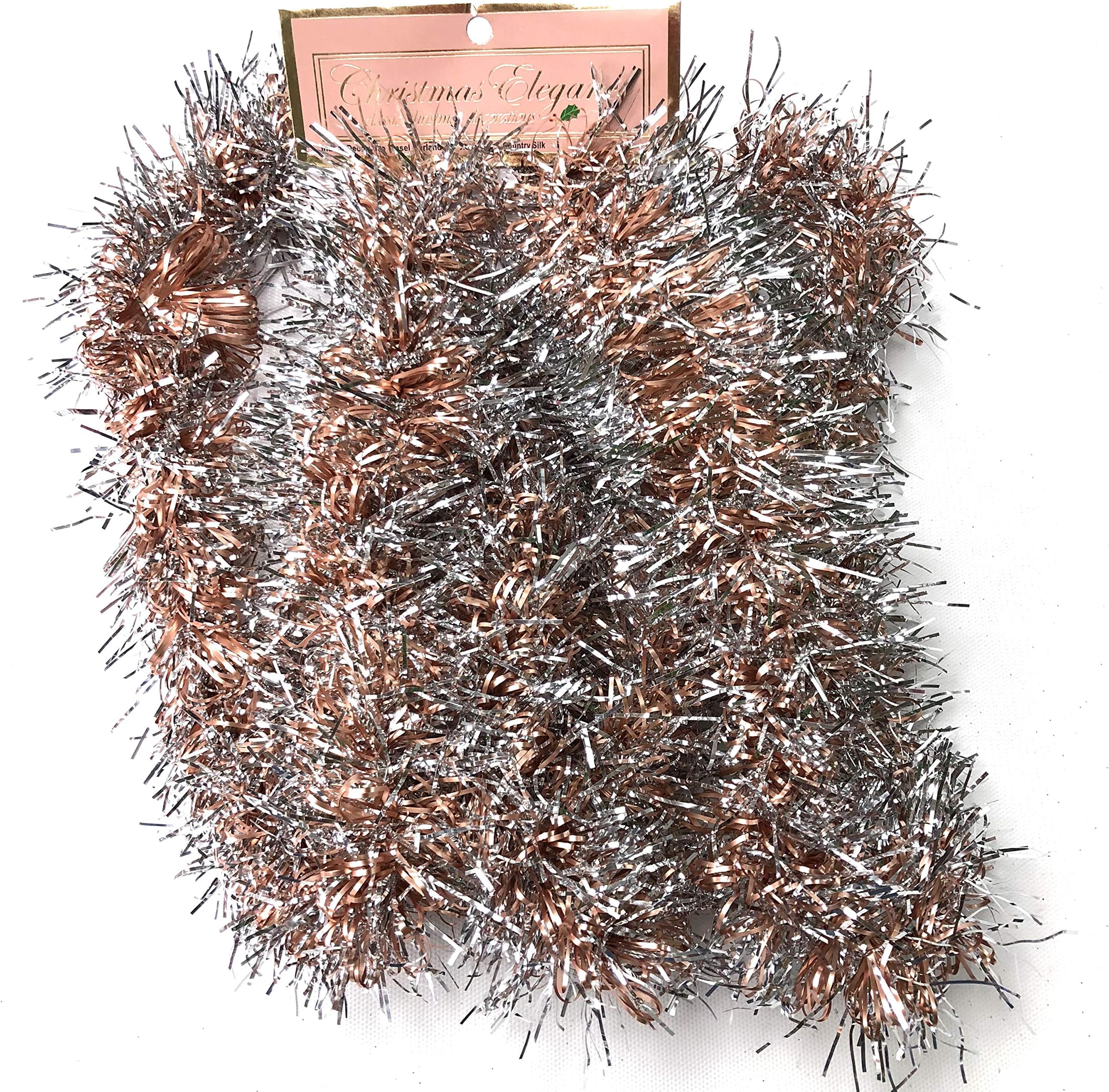 Christmas Elegance 90 Inch Thin Tinsel Center Loop Christmas Garland, Rose Gold/Silver