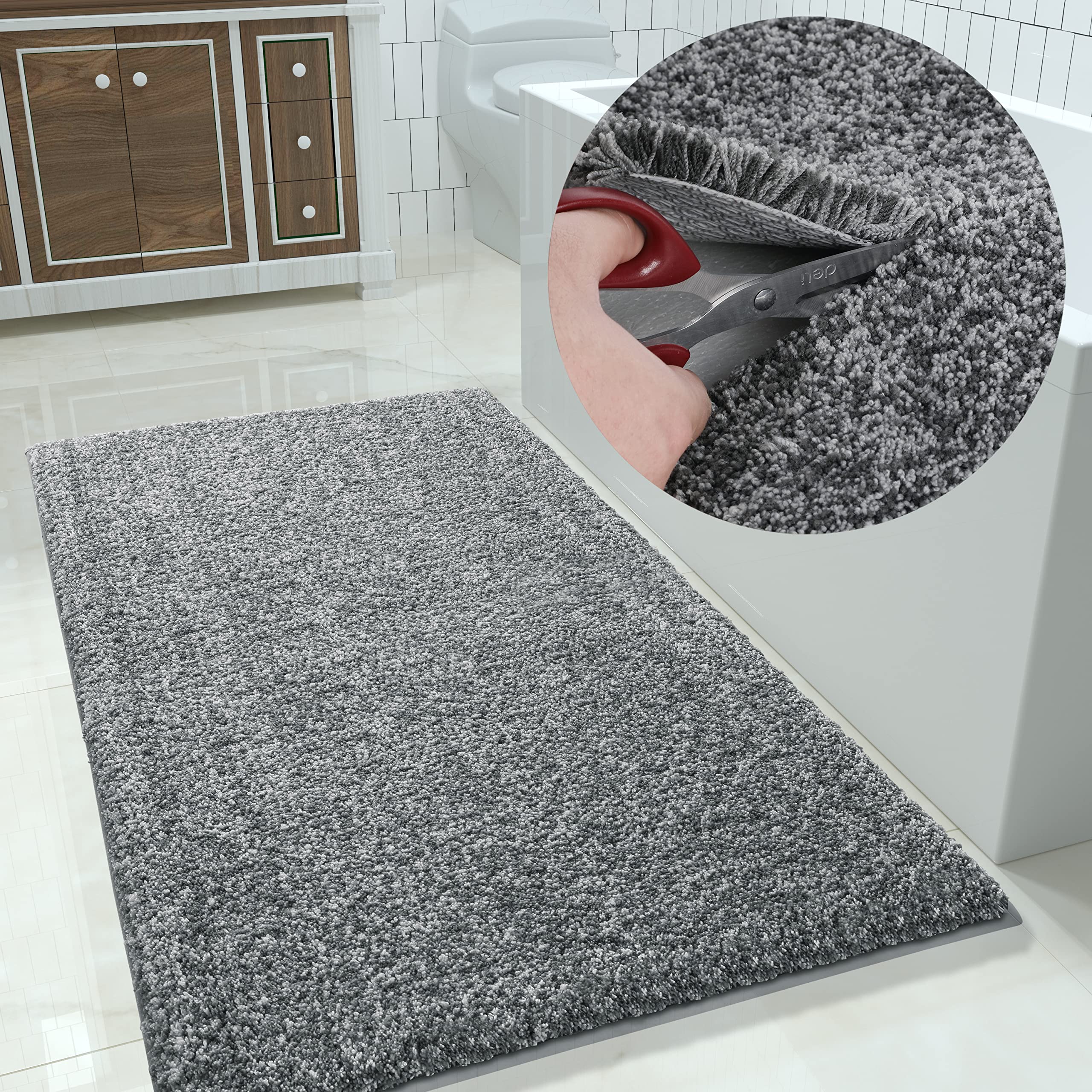 Photo 1 of Yimobra Bathroom Rugs Mat, Extra Soft Comfortable Bath Rugs, Non-Slip, Water Absorbent and Thick Bathroom Floor Mats, Machine Washine, Shaggy Rugs for Shower Bathtubs, 48 x 32 Inch, Gray