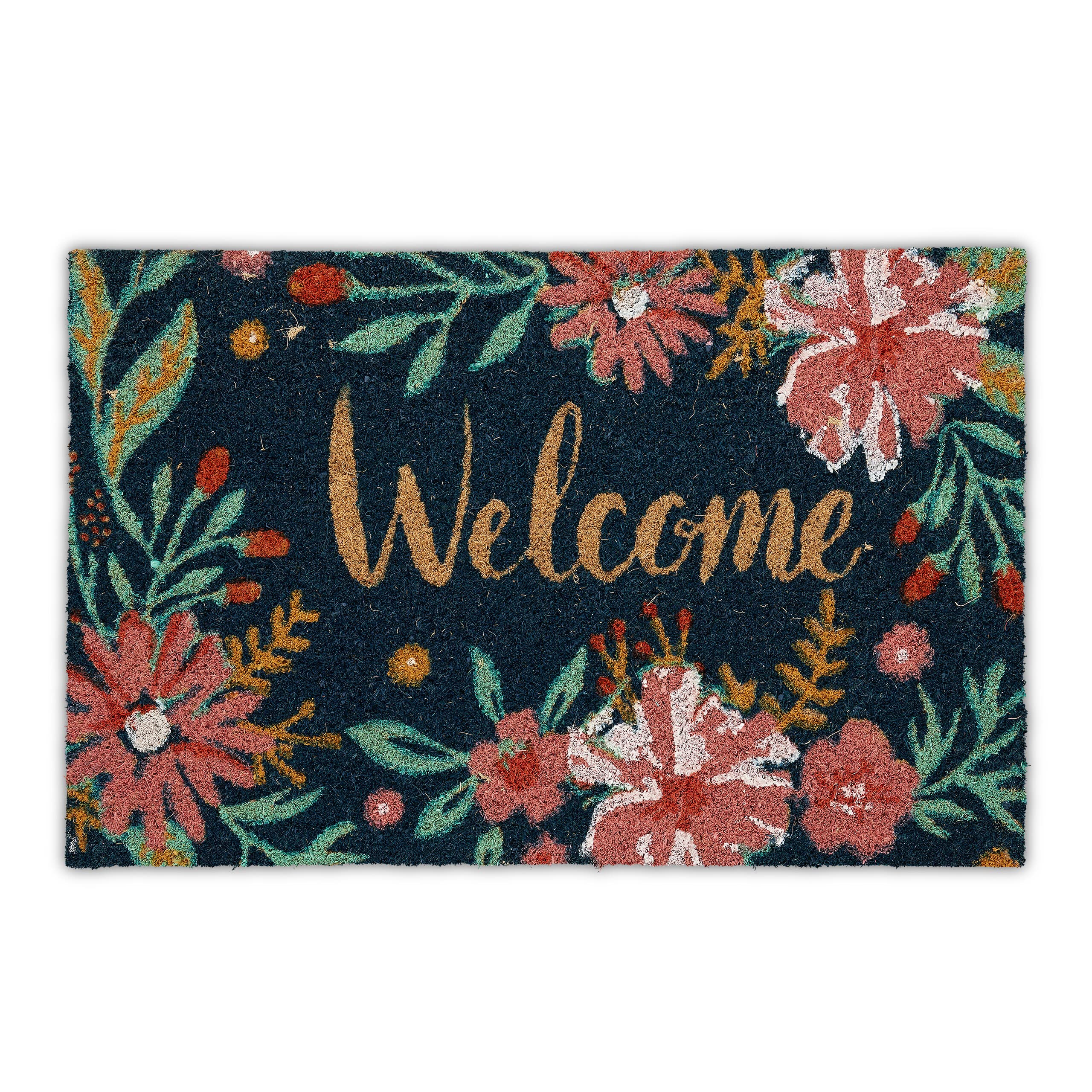 Relaxdays Coir Doormat, Floral Design, 40 x 60 cm, Non-Slip Welcome Mat, Weatherproof, Indoors & Outdoors, Multicoloured, Coco, 60 x 40 cm
