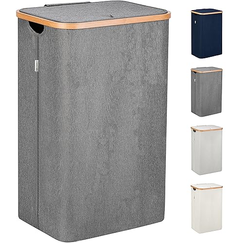 LONBET 100L Laundry Basket with Lid and Sturdy Bamboo Frame - Aesthetic Laundry Hamper with Side Handles and Made from Breathable Fabric - Laundry Bin with Removable Bag, Clothes Basket Grey